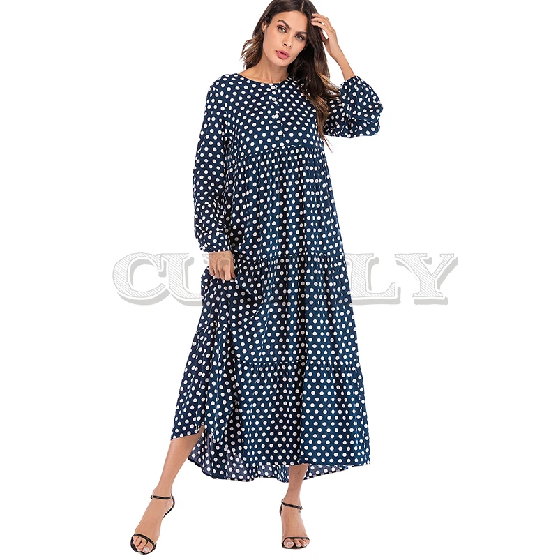 Image Korean Fashion Polka Dot Print Vintage Dress Women Maxi Long Dress Ruffle Long Sleeve Gowns Beach Boho Dresses Plus Size 5XL 3XL