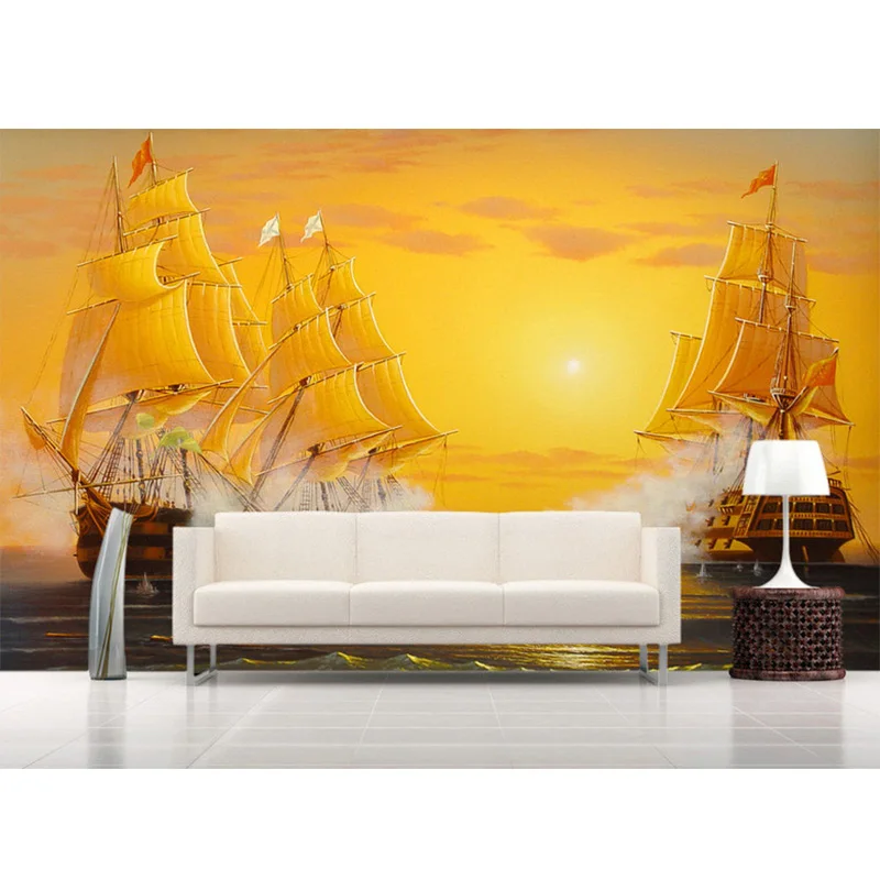 HD Золотая картина маслом парусная лодка фото обои для учебы гостиной диван фон Настенная роспись Papel де Parede 3D Paisagem