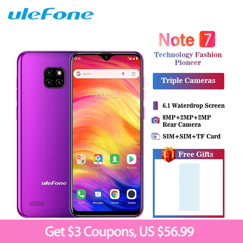 Смартфон Ulefone Note 7 6 1 дюйма 19:9 Waterdrop Android 8 Гб + 16 ГБ четырехъядерный 3500 мАч