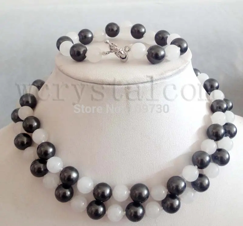 

Jewelry 00714 black mother of pearl 10mm white jade necklace bracelet set (A0423) -Bride jewelry free shipping
