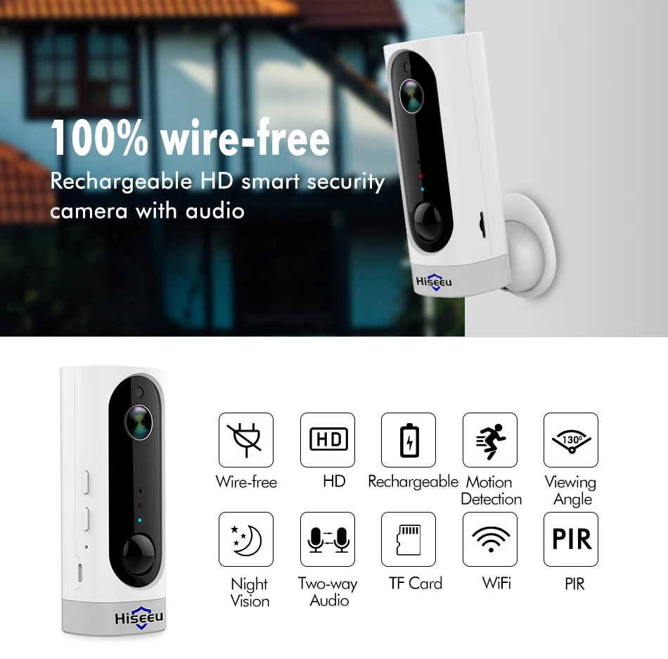 Hiseeu 1080P Беспроводная батарея, ip-камера, WiFi, перезаряжаемая, 2 МП, уличная камера видеонаблюдения, водонепроницаемая, PIR Motion