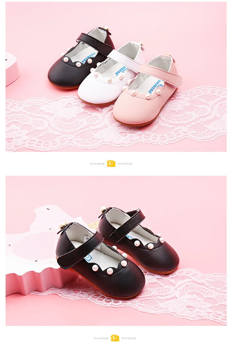 Жемчужная кожаная обувь для девочек; детская обувь принцессы; Осенняя детская черная кожаная обувь со стразами