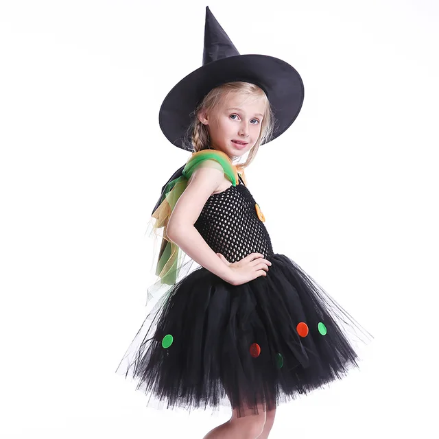 Disfraz de bruja para Halloween, tutú negro de lunares y calabaza para niña Disfraz de bruja para Halloween, tutú negro de lunares y calabaza para niña