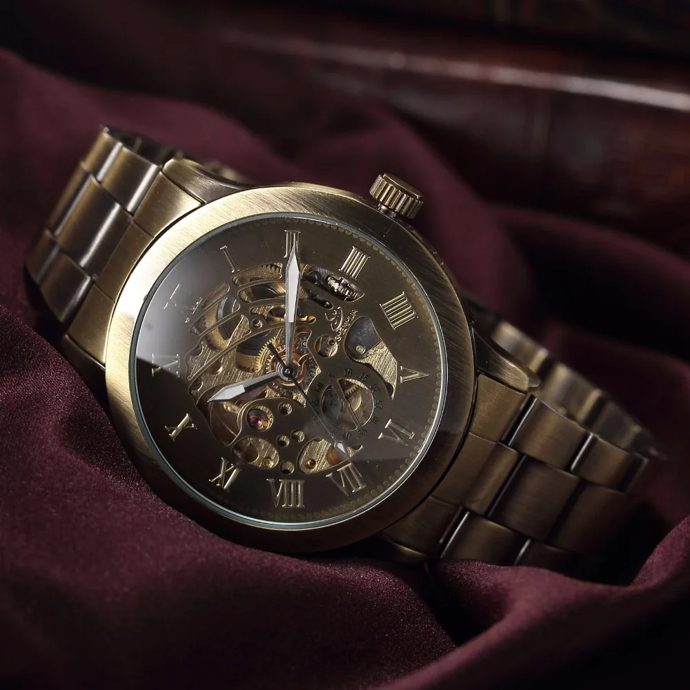 SHENHUA Luxury Brand Bronze Men Skeleton Mechanical Watches Male Clock Stainless Steel Strap Fashion Casual Automatic Watch