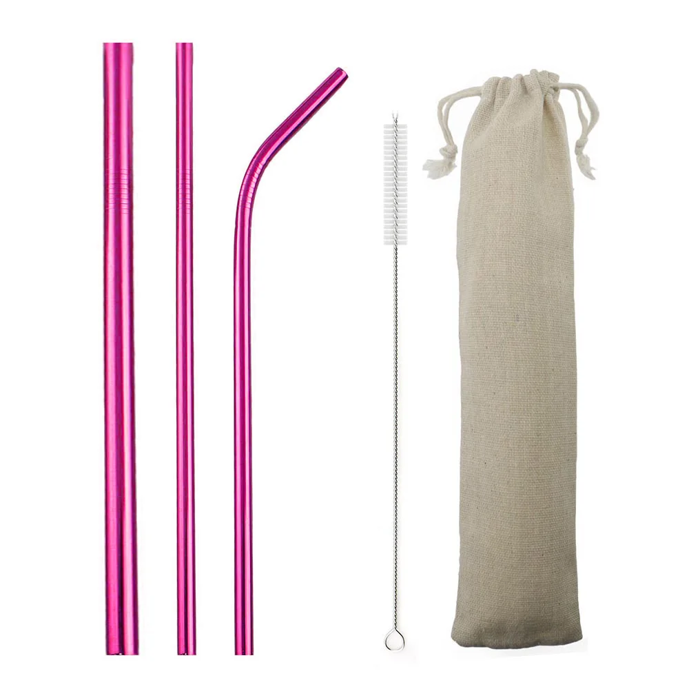

Reusable Drinking Straws Set Pink Green Metal Straw 304 Stainless Steel Bent Drinks Straw with Cleaning Brush Bar Accessory