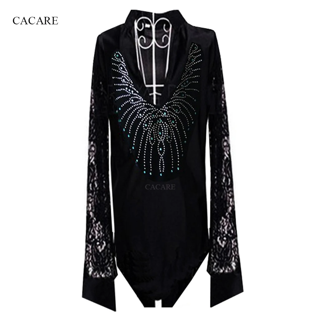 

Latin Dance Shirts Men Boys Dance Shirt for Tango Fringe Rhinestones 3 Choices Customized Size D0967 Long Lace Sleeve V Neck