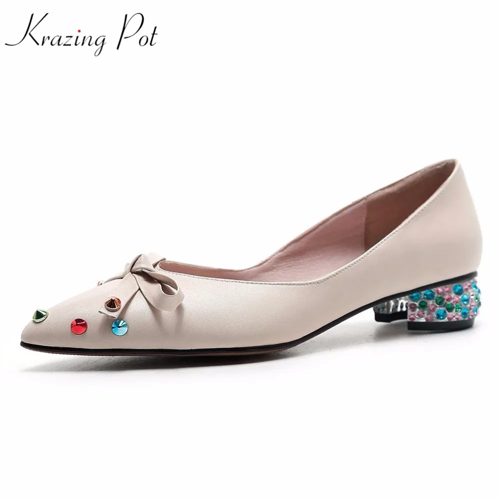 Krazing Pot 2018 brand shoes genuine leather low heels shoes woman bowtie rivets pumps pointed toe lazy crystal heel shoes L01 Krazing Pot 2018 brand shoes genuine leather low heels shoes woman bowtie rivets pumps pointed toe lazy crystal heel shoes L01