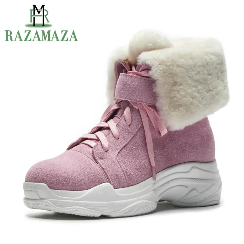

RAZAMAZA Women Wedges Snow Boots Real Leather Warm Add Fur Winter Shoes Women Plush Lace Up Platform Mid Calf Boots Size 34-41