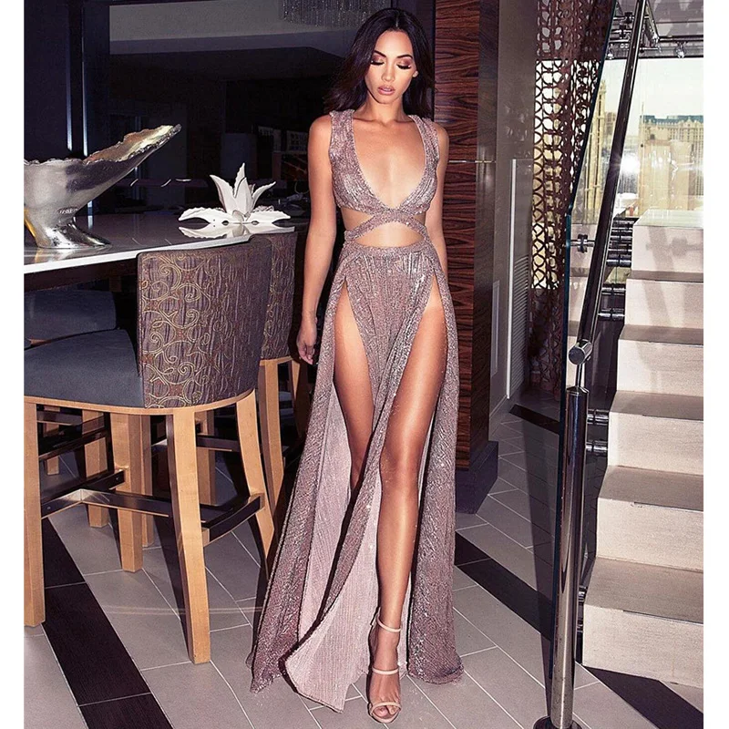 

Women Floor Length Hollow Out Sexy Party Dresses Female V Neck Strapless Bling Maxi Long Dresses Night Club Christmas vetsido