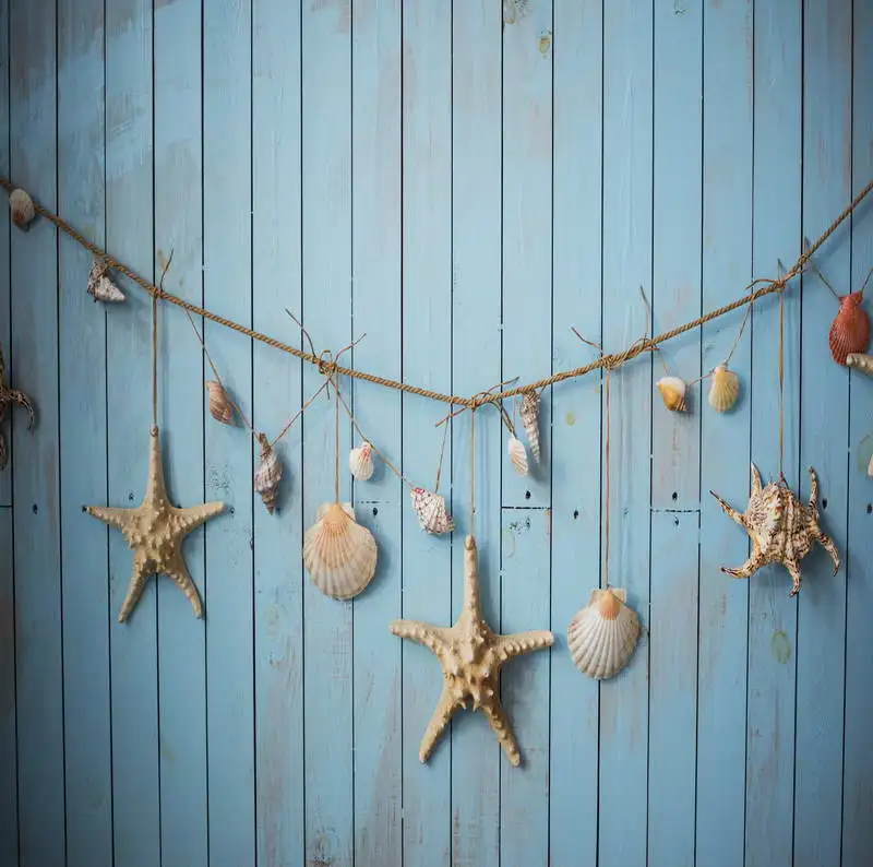 

TR Light Blue Wood Wall Photograph Backgrounds Starfish Shells Baby Children Custom Photography Studio Background Backdrop Vinyl