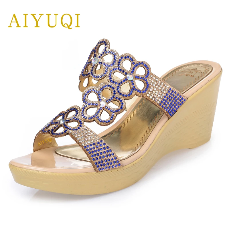 

AIYUQI2019summer genuine leather women slippers, plus size 42#43# fashion rhinestones thick bottom female slippers shoes women