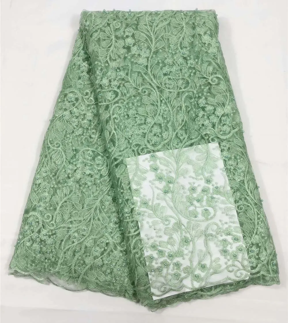 

French Lace Fabrics lemon green Color High Quality African Net Lace With Beads Nigerian Tulle Mesh Wedding Dress