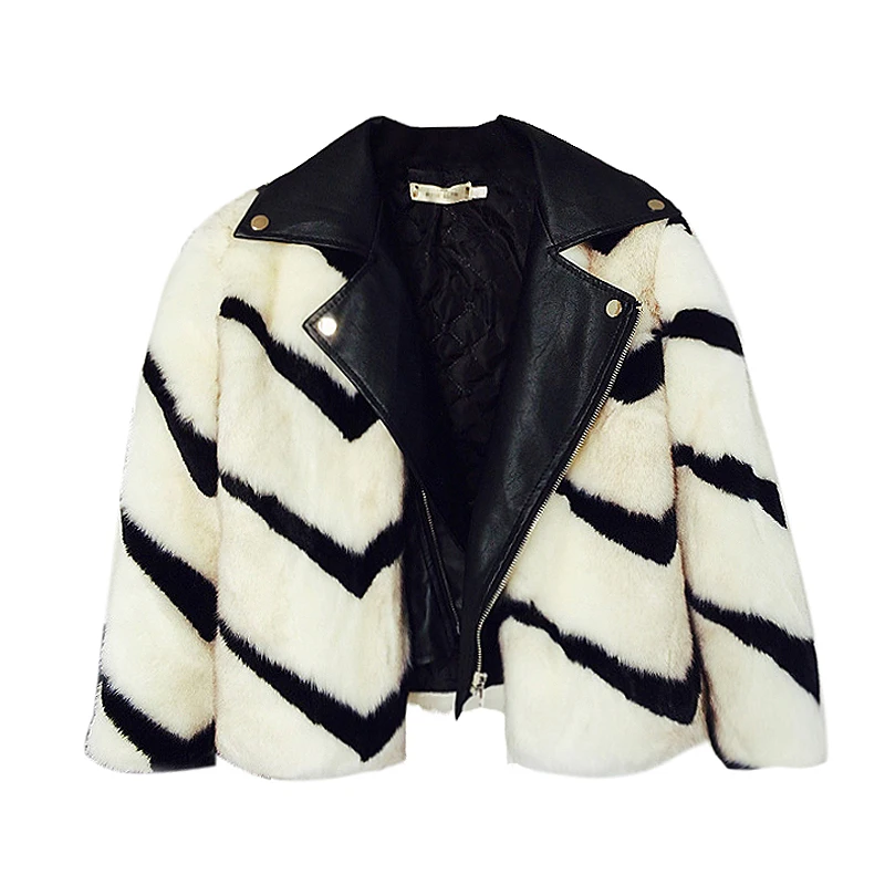 Outwear Mode Col Éclair En Fermeture Fourrure Nouvelles 2018 Veste Manteau Femmes Hiver down Courte De Spliced Faux Cuir Turn Blanc Chaud Lâche Rayé gSxI1q