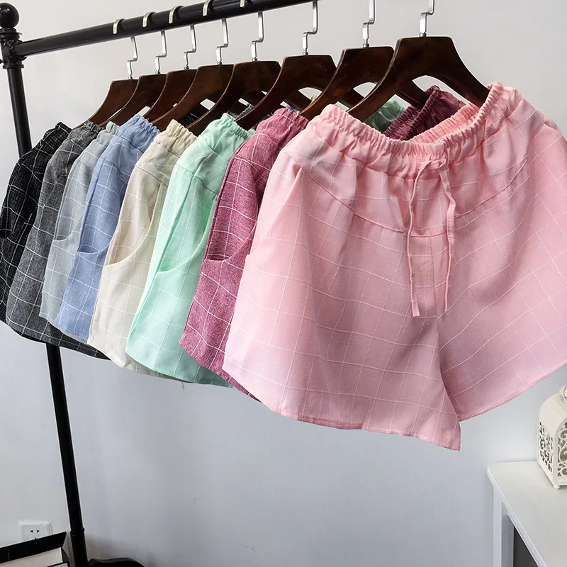 

High Wiast Summer Woman Shorts 2019 Casual Loose Plaid Print Women Shorts Elastic Waist Leisure Home Lace Up Shorts Large Size