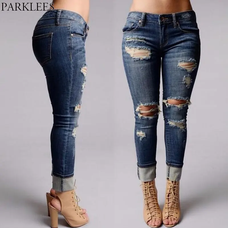 Женские рваные Distressed Boyfriend Jeans Roll Up Ботильоны джинсовые штаны женские Повседневное промывают хлопок Street Стиль зауженные джинсы Mujer