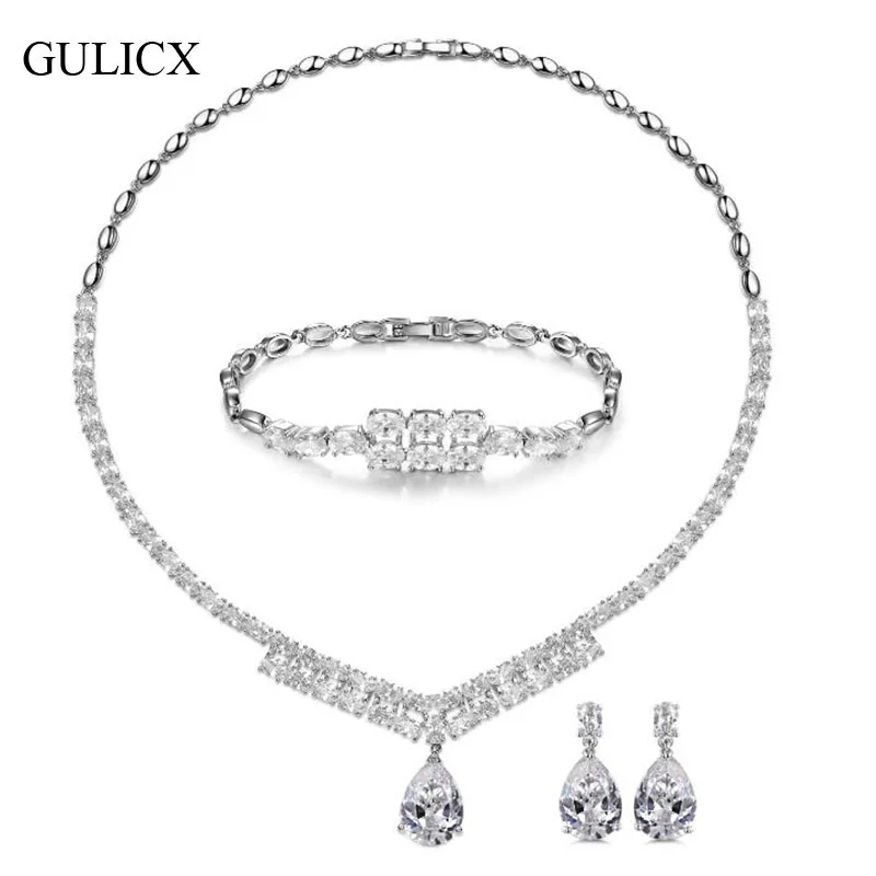 

GULICX luxury jewelry set AAA+ cubic zirconia jewellry water drop fashion earring and necklace african jewelry sets jewellery