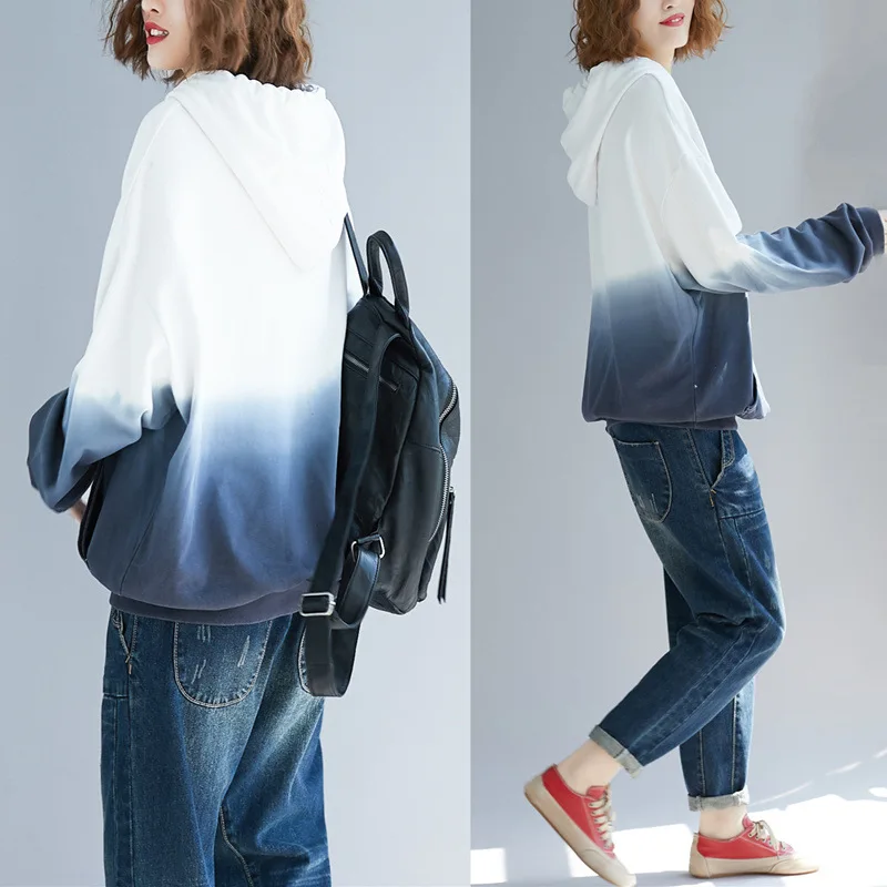 

Autumn outfit new literature and art show thin loose big yards hooded gradient cotton fleece women oversized hoodie sweatshirt