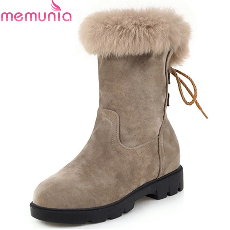 Goede MEMUNIA 2018 nieuwe aankomst enkellaars voor vrouwen ronde neus lace up flock comfortabele mode schoenen vrouw winter sneeuw laarzen zwart
