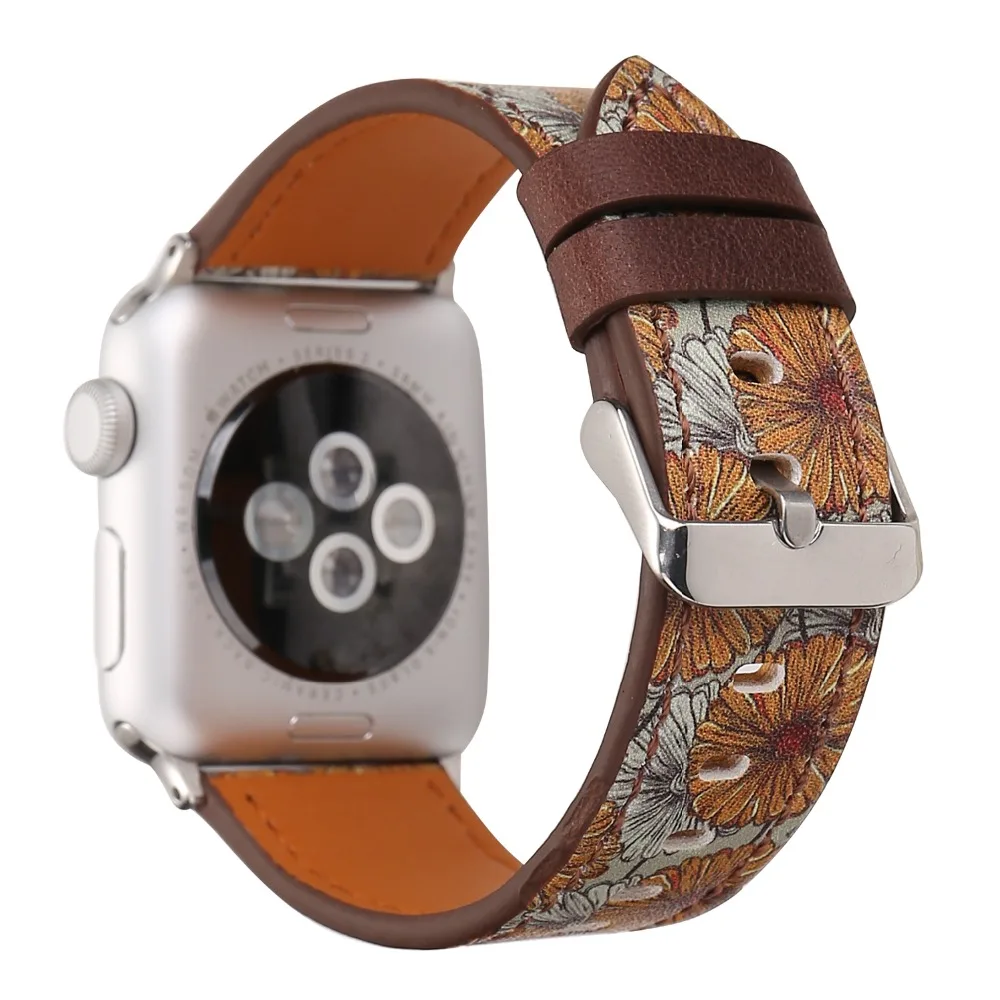 Ретро цветок печати кожаный ремешок для apple watch серии 4 3 2 1 из мягкой кожи замена 44/