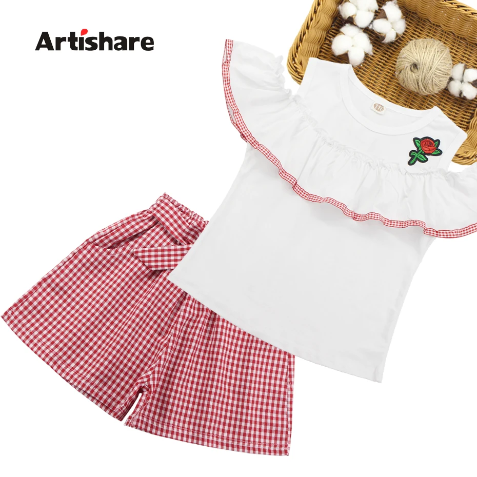 

Girls Clothes Set Off Shoulder Shirt + Plaid Shorts 2PCS Suit Girls Set 2019 Kids Summer Wear For Girls 6 8 10 12 13 14 Year
