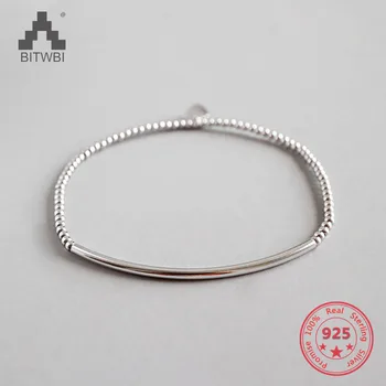 

925 Sterling Silver Jewelry Pure Handmade 2mm Round Beads Pipe Elastic Bracelet