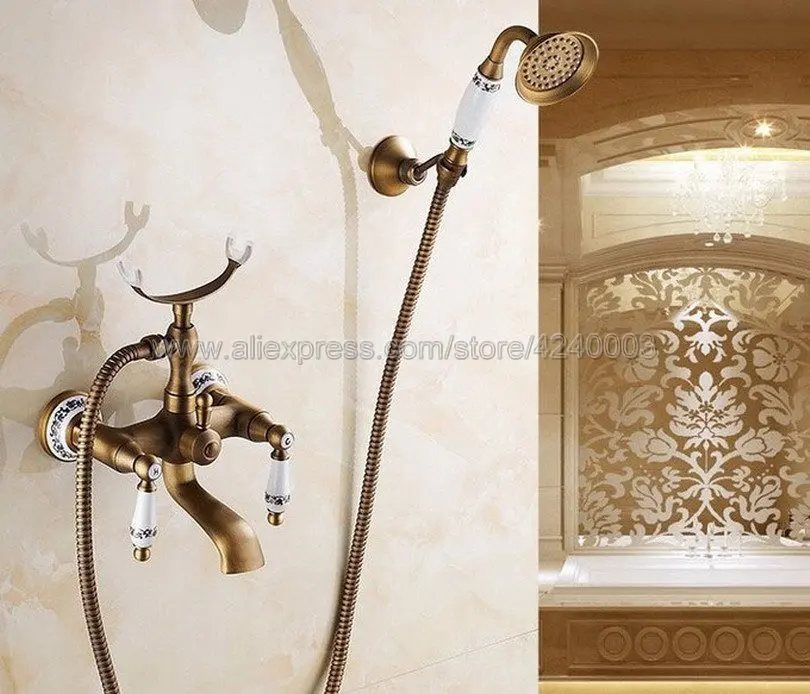 Ensemble De Robinets Baignoire À Double Poignées En Laiton Antique, Montage Mural Avec Douchette Main, Et Douche Ktf308
