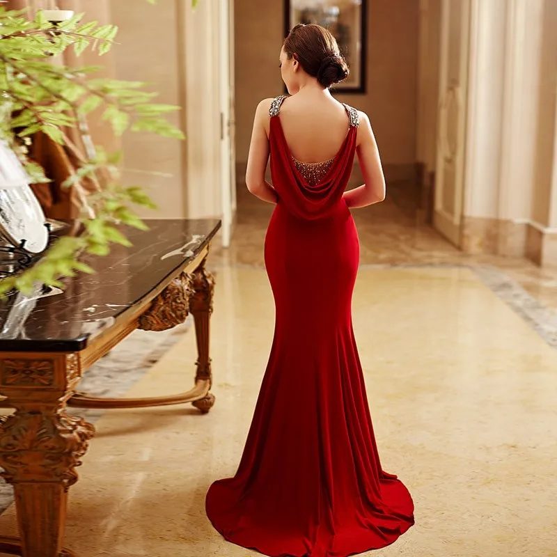 Vestido de festa red Длинные Русалка вечернее платье новинка 2015 пикантные без спинки бисер Формальное вечернее платье элегантный