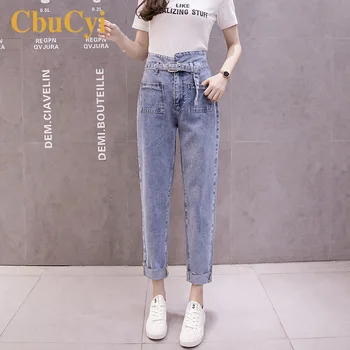 

High Waisted Jeans Women Vintage Cotton Denim Pants Cuffed 2019 Loose Casual Straight Pants Women Fashion Long Jeans Trousers
