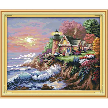 The Seaside Lighthouse Paintings Counted Printed On Canvas 14CT 11CT DMS Cross Stitch Pattern Embroider kits DIY Needlework Sets 1