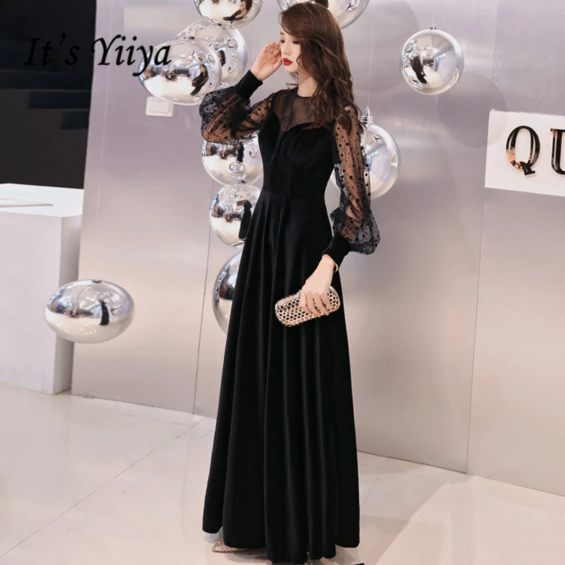 

It's YiiYa Evening Dress 2019 Long Sleeve Lace Dot Pattern Women Party Gowns Floor Length Elegant O-Neck Formal Dresses E331