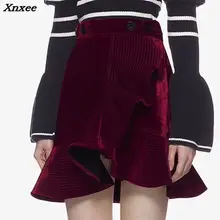 Черный/темно-красный оборки бандажная Асимметричная Женская бархатная юбка осень зима элегантные пуговицы Короткие мини-юбки женская юбка