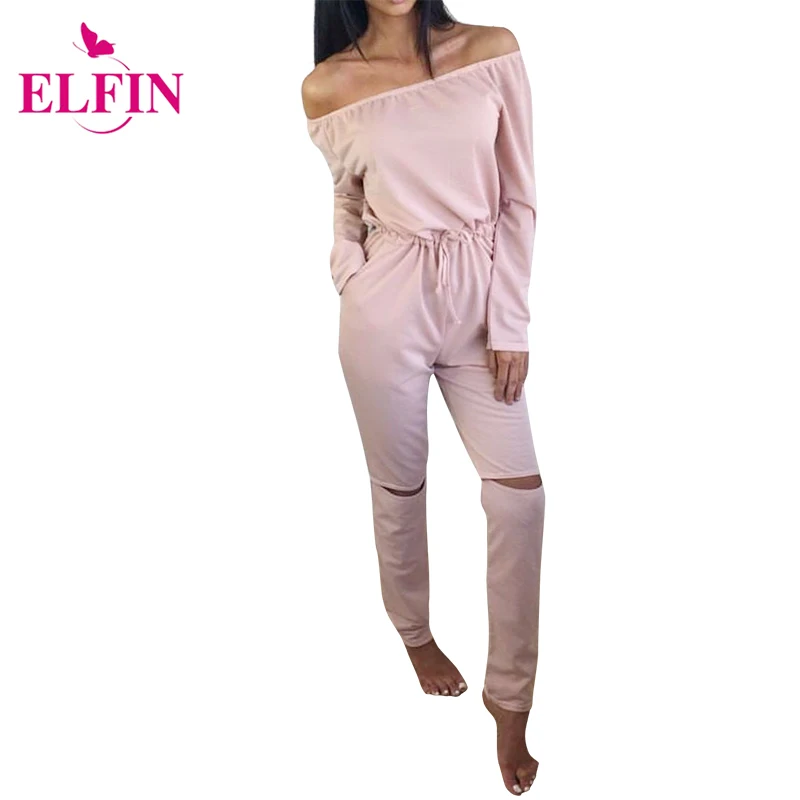 

2017 Autumn Women Jumpsuit Cut Out Off Shoulder Fashion Long Sleeve Rip Knee All In One Ladies Casual Jumpsuits LJ4921R
