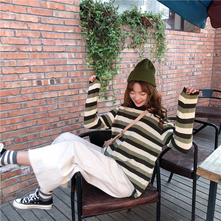 Mooirue осенне-зимний женский джемпер в Корейском стиле, полосатый тонкий вязаный Свободный пуловер с круглым вырезом, женский зеленый коричневый свитер, топы