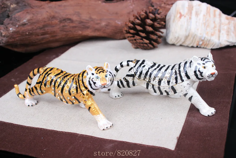 Tiger Bejeweled Trinket Jewelry Box Hinged Tiger Trinket Box Metal Animal Tiger Jjewelry Showcase Display Tiger Metal Crafts