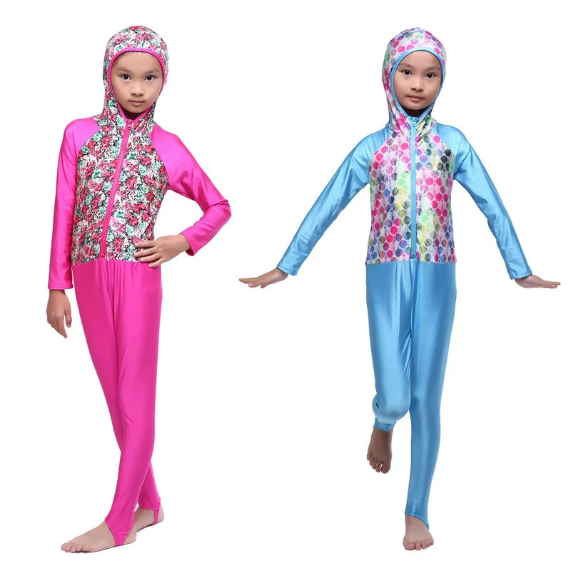 Цельный Детский мусульманский для плавания для девочек детские купальники с принтом цветов для девочек Лоскутная купальная одежда на молнии высокого качества