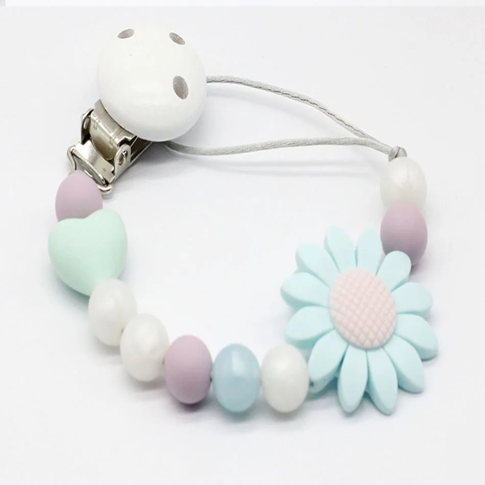 Silicone And Wood Pacifier Clip Wooden Bead Dummy Clip Holder Cute