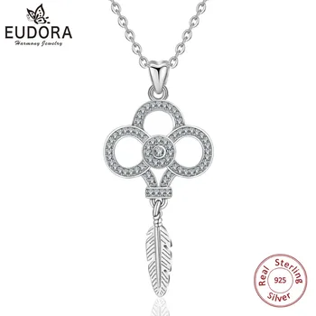 

EUDORA 100% 925 Sterling Silver Blooming Fleur de lis lily Flower Clear CZ Pendant Necklace for Women Luxury Silver Jewelry D382