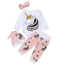 Милый стильный комплект одежды с единорогом, хлопковый комплект одежды для девочек, костюм из 4 предметов для новорожденных девочек, боди с длинными рукавами для младенцев+ штаны+ шапочка+ повязка на голову
