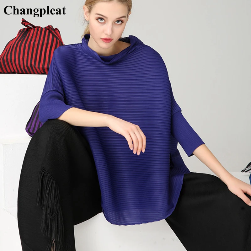 Changpleat Весенняя свободная Асимметричная Женская футболка Топы Miyak плиссированные модные футболки со стоячим воротником и рукавами летучая мышь большого размера