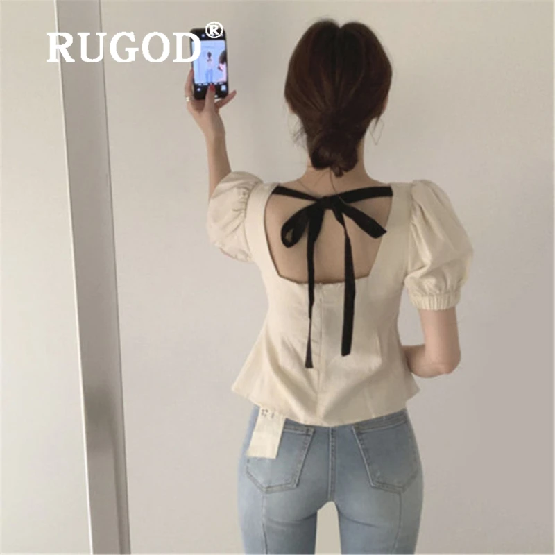 

RUGOD Korean puff sleeve women blouse Fashion backless big bow lace up shirts ladies Casual square collar female summer clothing