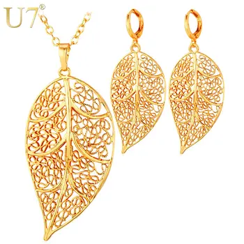 

U7 Dubai Gold Color Jewelry Set Fashion Hollow Leaf Drop Earrings And Pendant Necklace Set For Women Gift S721