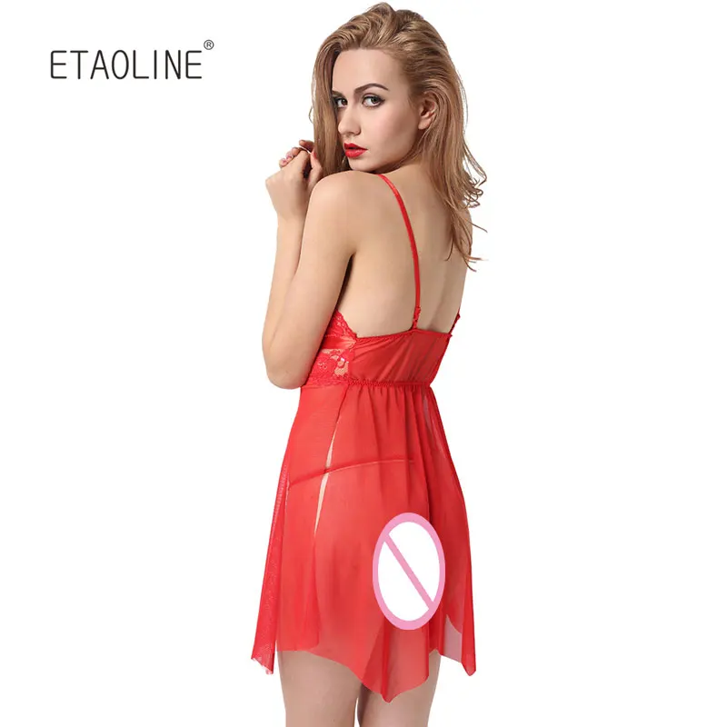 ETAOLINE 2018 женская красная кружевная сорочка и стринги Babydoll Sexy Nightwear Teddies Sleepwear Nightgown