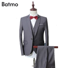 Batmo осенний высококачественный серый повседневный костюм на одной пуговице для мужчин, Блейзер, свадебное платье, деловой костюм(пиджак+ жилет+ брюки