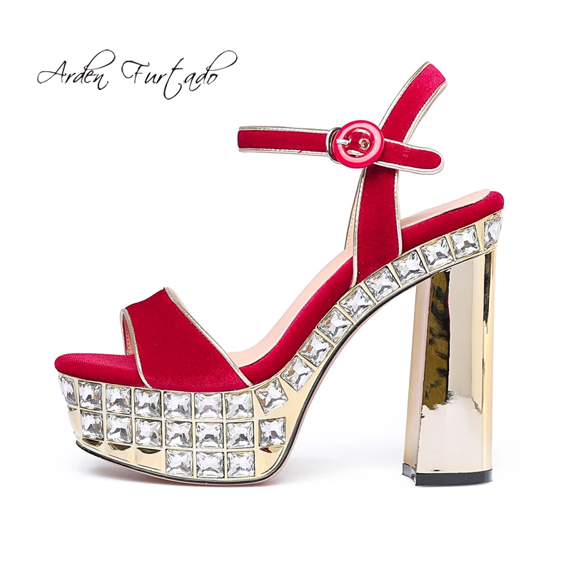 

Arden Furtado Summer Fashion Women's Shoes Sexy Elegant red Suede buckle strap Sandals crystal rhinestone size 33 40
