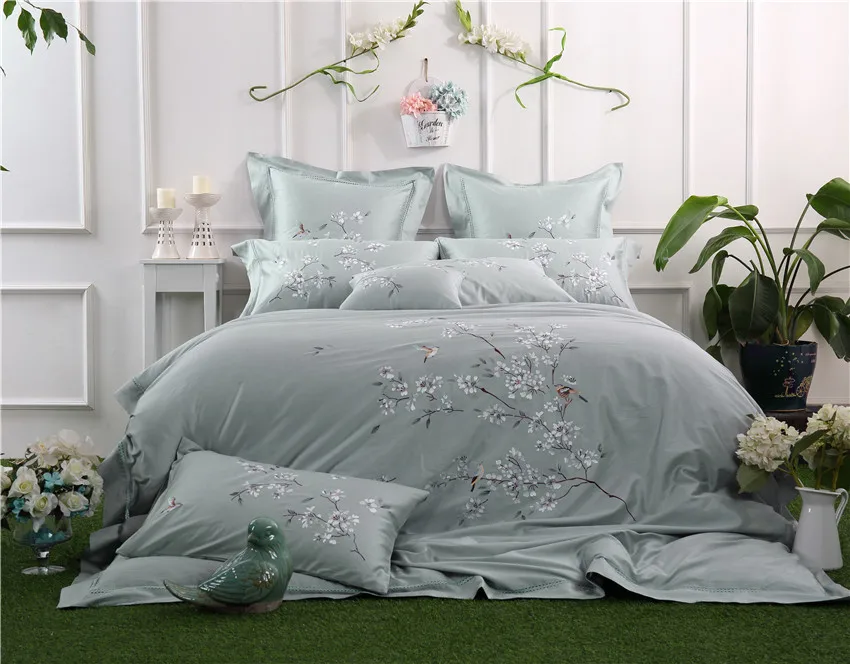 Oriental Embroidered Luxury Egyptian Cotton Blue Pink Bedding sets 4