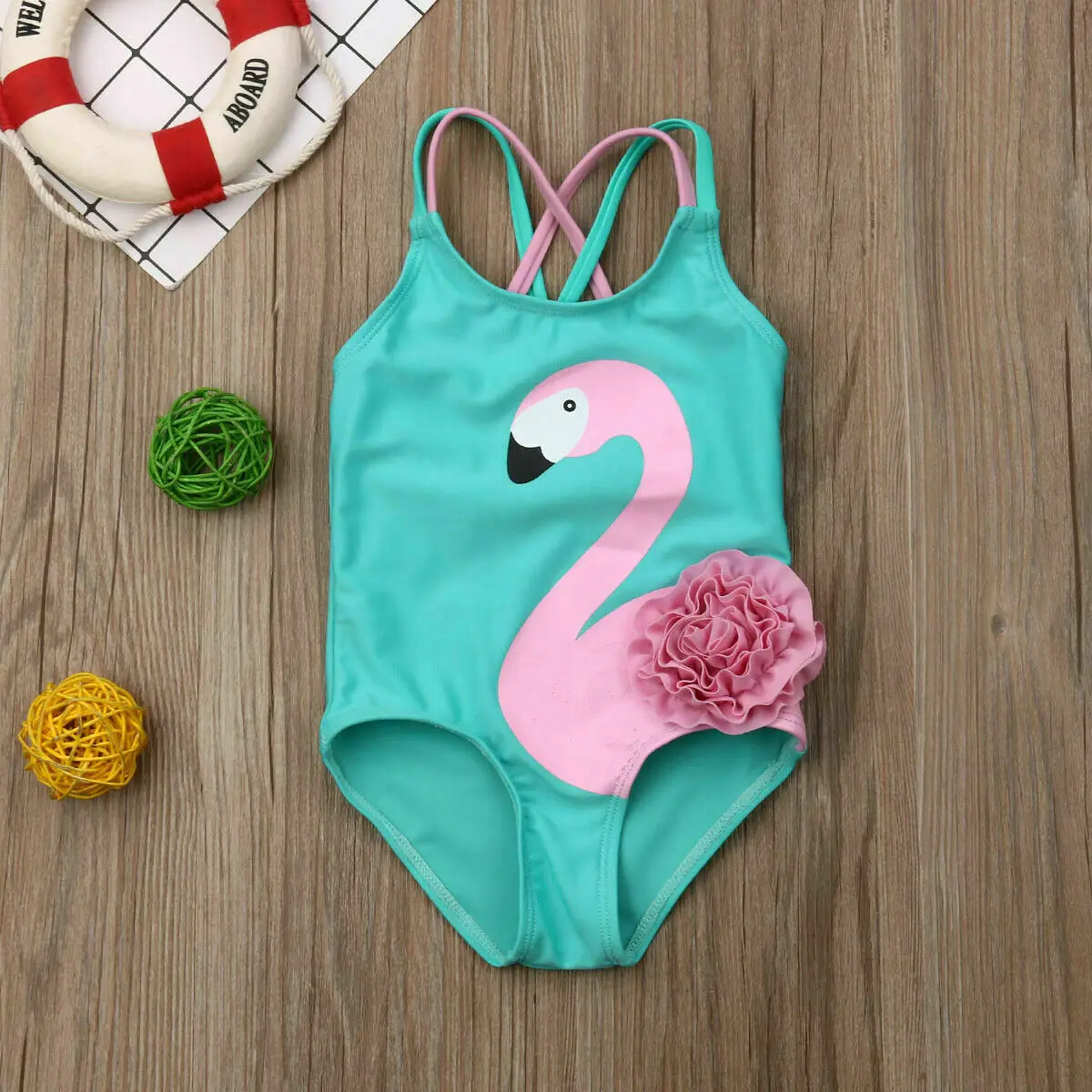 Летняя одежда для малышей цельный купальник-бикини с изображением фламинго для маленьких девочек, купальный костюм с объемным рисунком, пляжная одежда, купальный костюм, От 6 месяцев до 5 лет