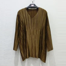 Changpleat женская футболка с v-образным вырезом Miyak плиссированный металлический блеск модный топ с длинными рукавами свободные футболки женские большие размеры T9