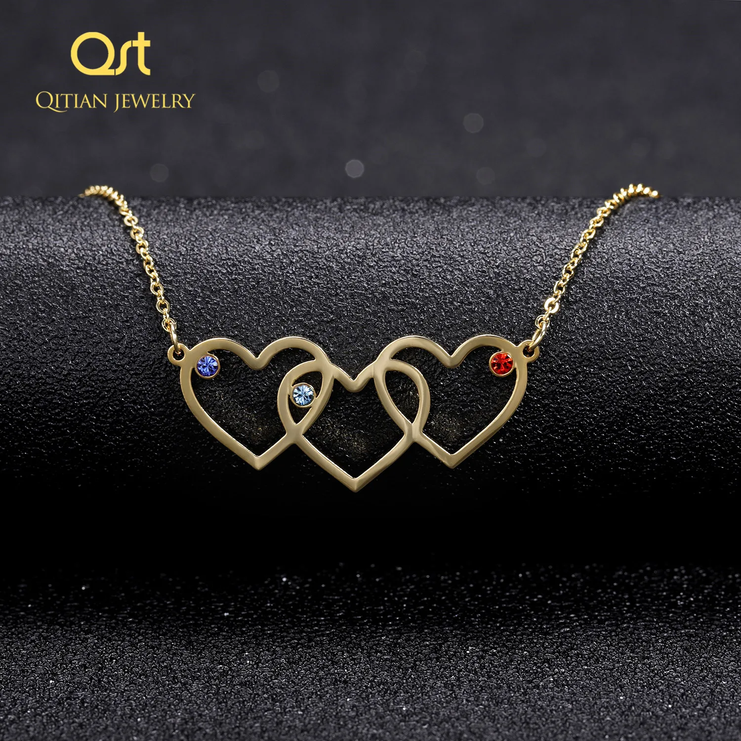 

Qitian Personalized Love Heart Pendant Necklace with Birthstone Custom Name vertical Triple Heart Necklace Gift for Women