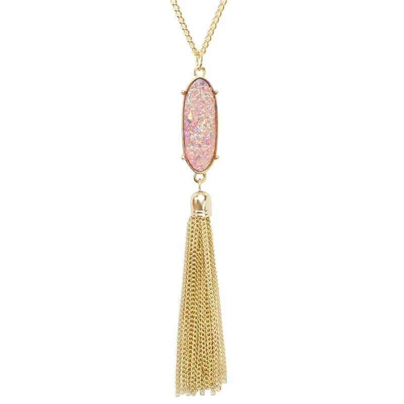 Fashion Women Long Chain Faux Druzy Pendant Tassel (3)