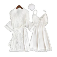 Сексуальное Белое однотонное сатиновое платье, наборы, женские пижамы, ледяной шелк, халаты, 2 предмета, для сна, для дома, на тонких бретелях, Дамская пижама
